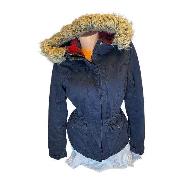 NOT AVAILABLE Womens Medium navy blue hooded parka-style jacket lined red plaid - Picture 7 of 10